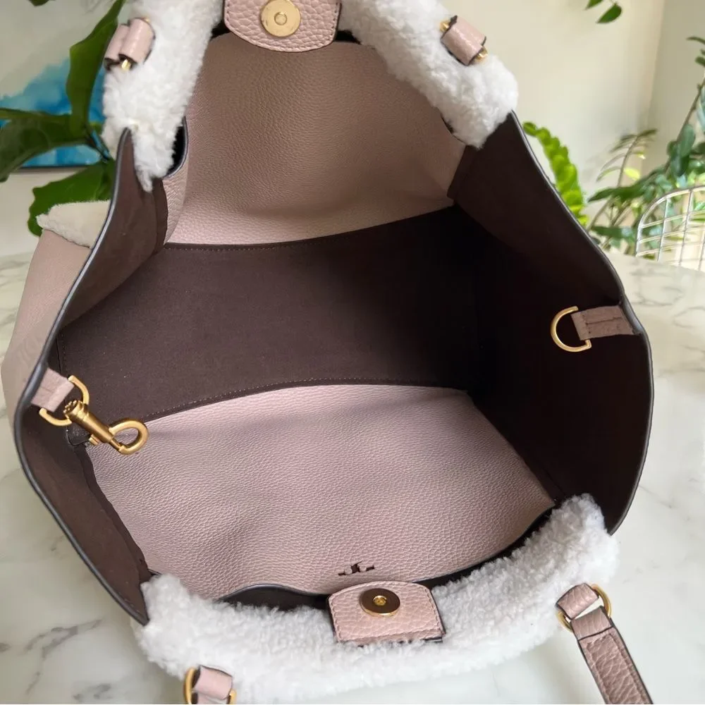 Tory Burch McGraw Shearling Fleece Fur & Leather Tote Bag Sand Beige Pink Ivory